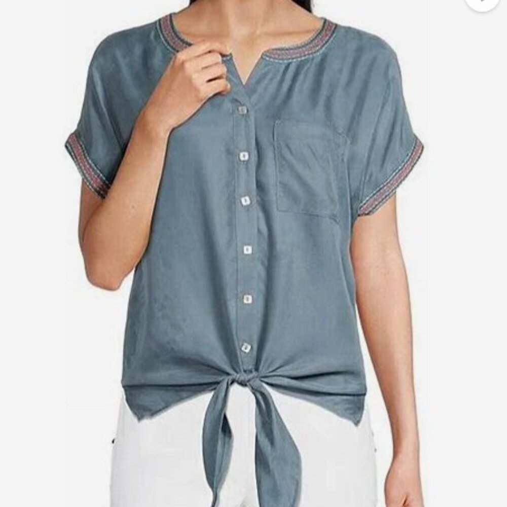 JOHN MARK WOMENS TIE WAIST BLOUSE, BLUE WITH EMBROIDRY TRIM SIZE Large